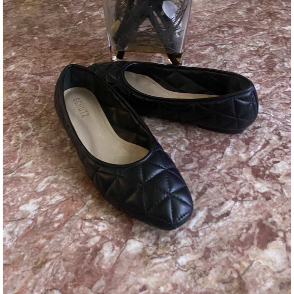 New Schutz Arissa Quilted Black Leather Pointed-Toe Ballet Flats Size 8B,‎ $158